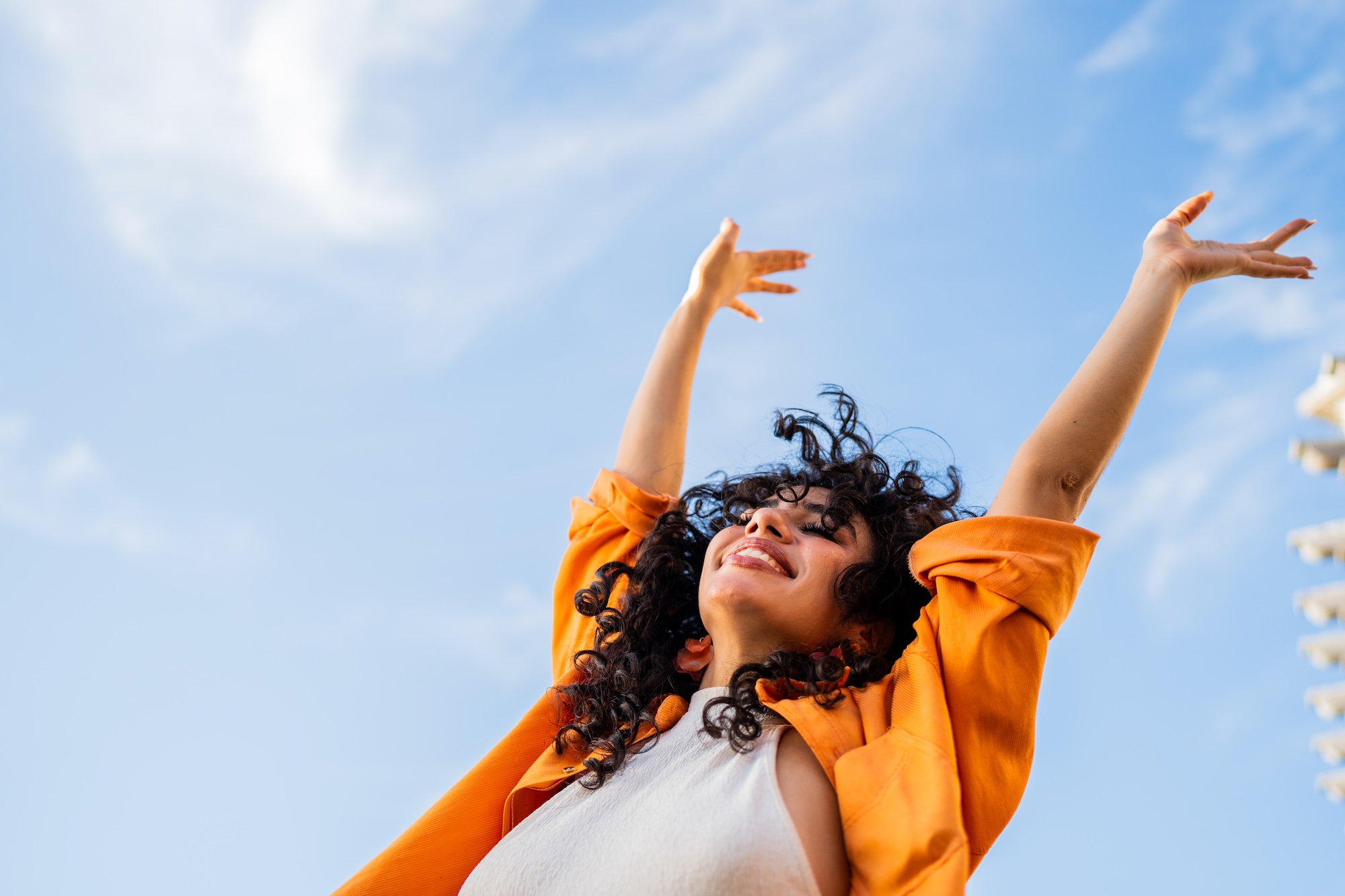 Hummingbird in flight against a moody sky